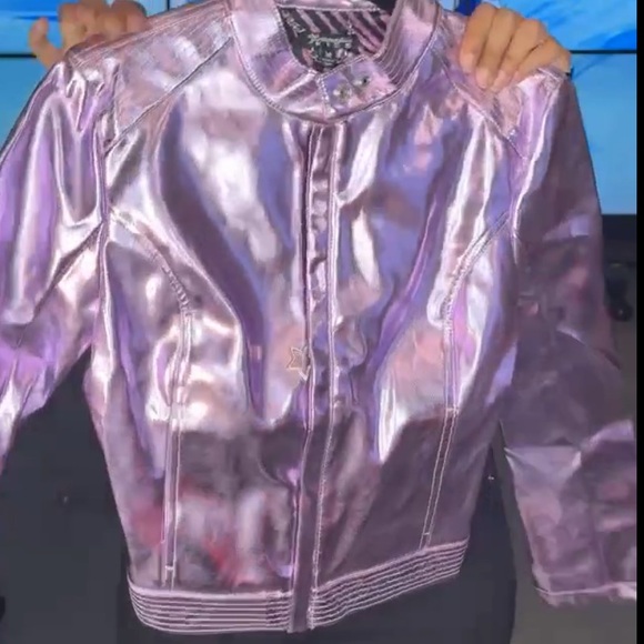 NWT Dolls Kill Generation KISS DRAMA MOTO JACKET Metallic Vegan Leather Pink Med - Picture 12 of 13